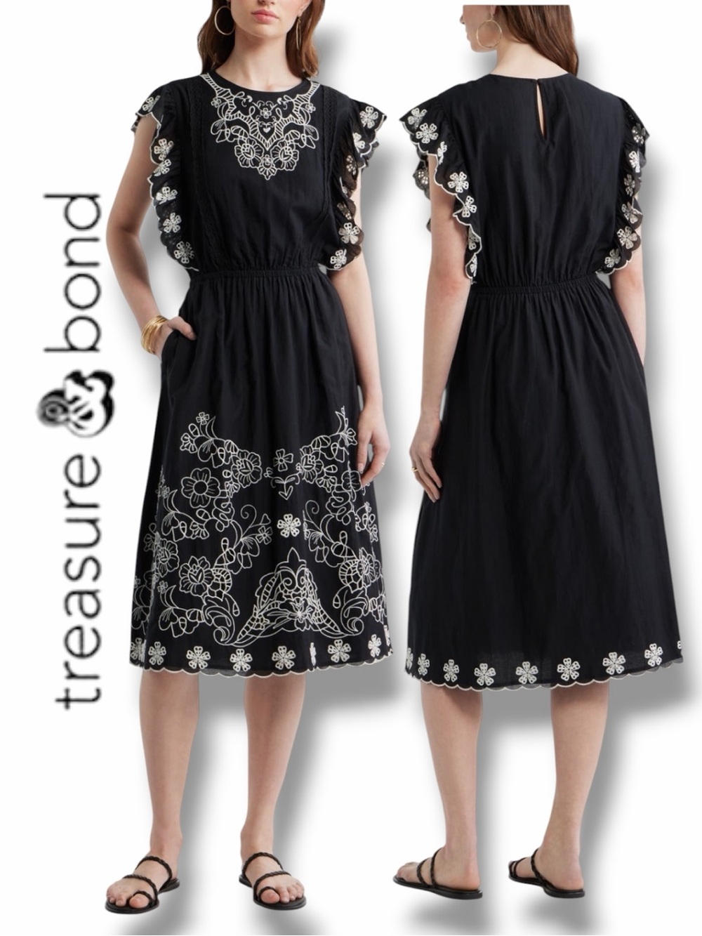 Treasure & Bond Women’s Floral Embroidered Flutter Sleeves Midi Dress in Large